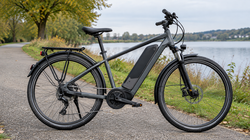 Close-up of an electric bike battery, rear hub motor, and drivetrain.