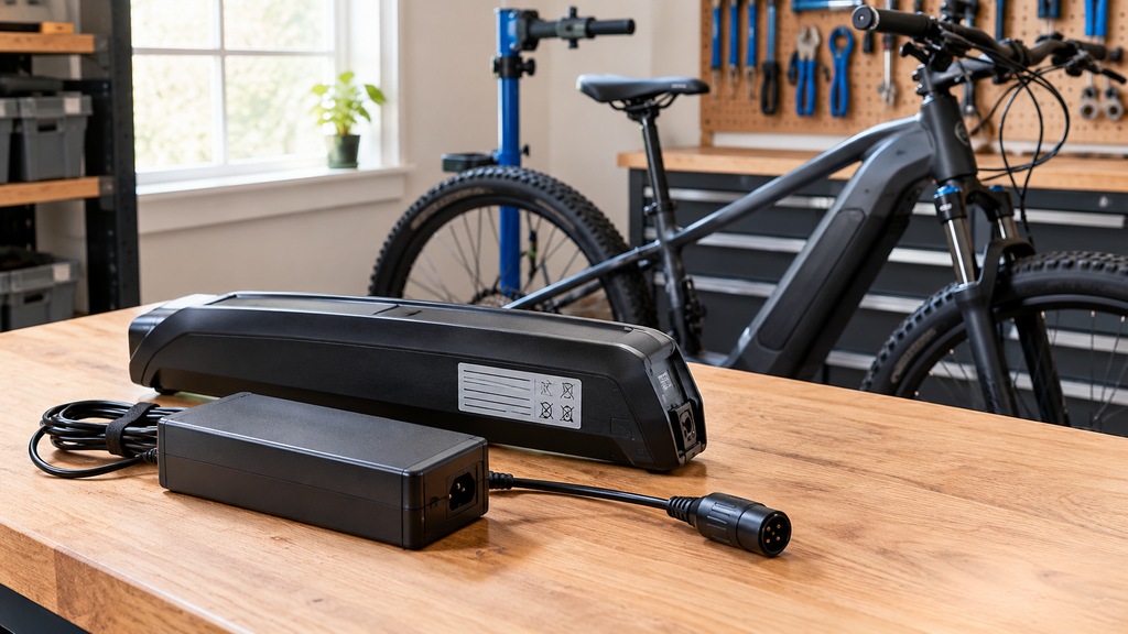 E-bike battery and compatible charger displayed on a garage workbench.