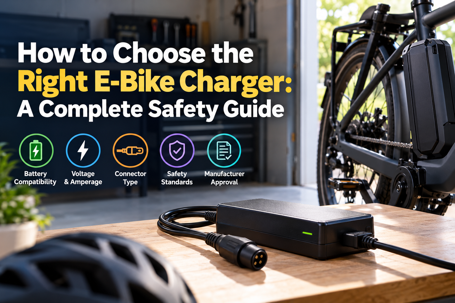 E-bike charger and battery with a guide to voltage, connector compatibility, and charging safety.