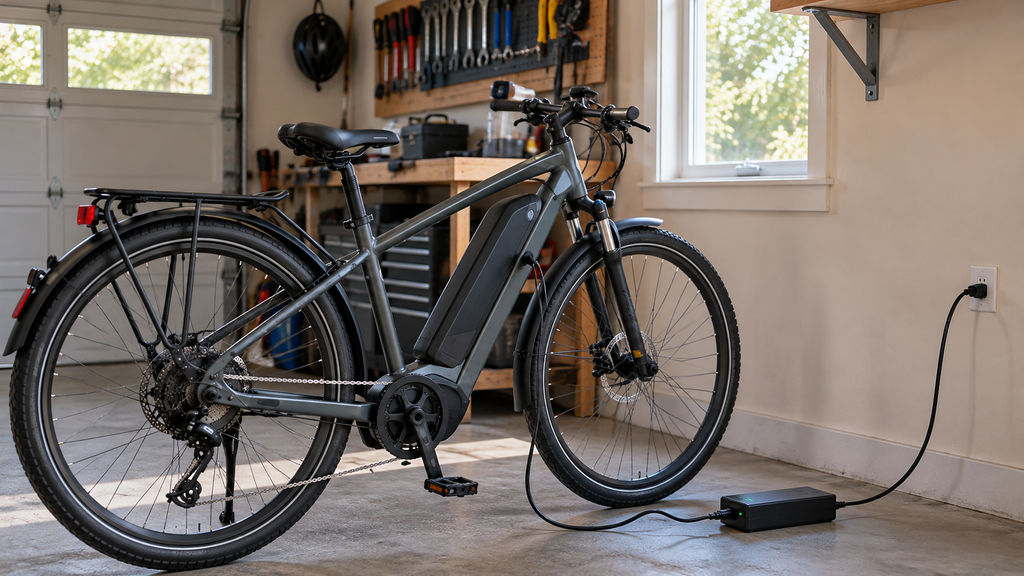 Electric bicycle connected to a compatible battery charger in a home garage.