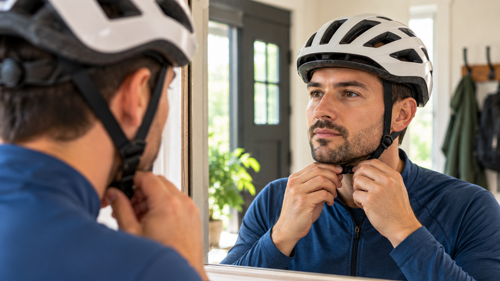 Cyclist adjusting a bicycle helmet and checking the chin strap for a secure fit.