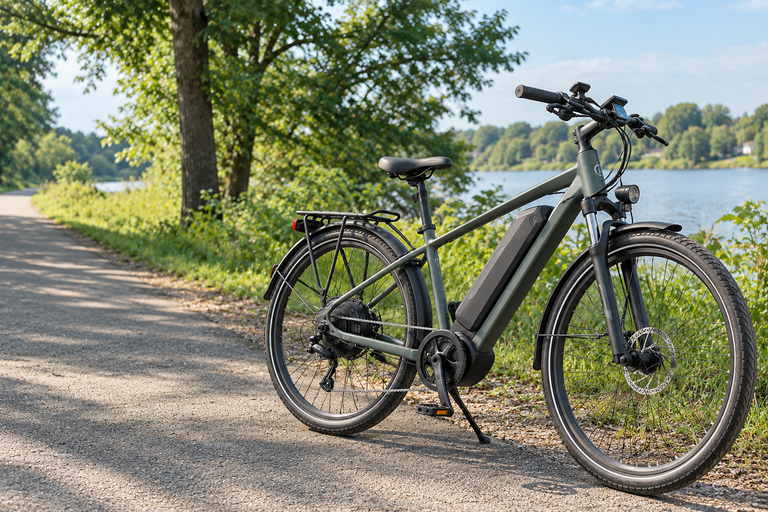 Electric bike showing its integrated battery, motor, and drivetrain.