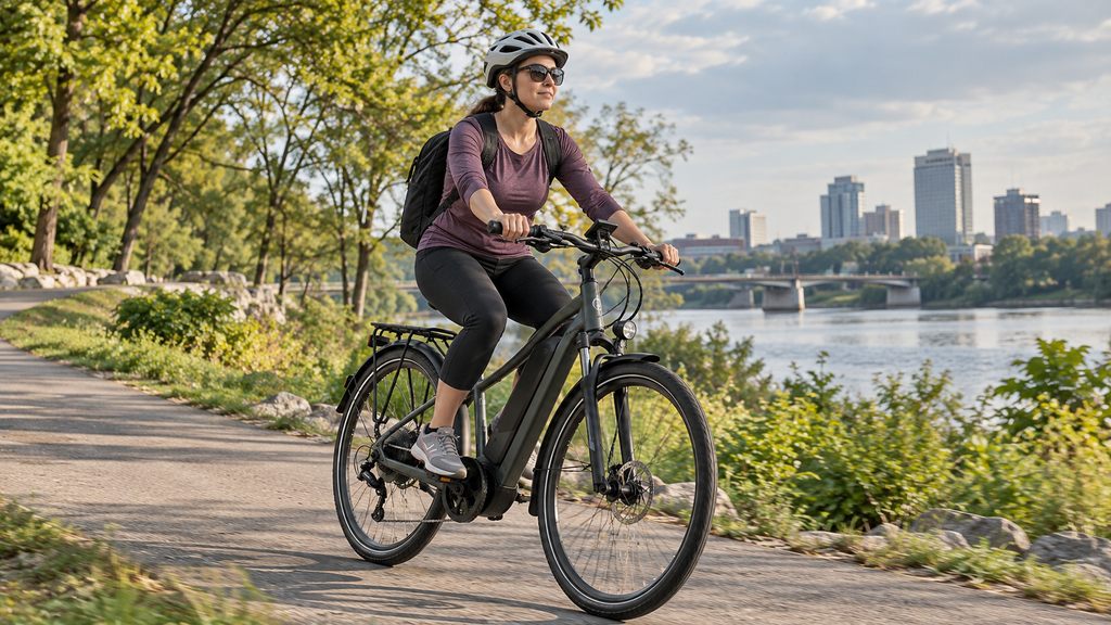 Cyclist pedaling an electric bicycle along a gentle uphill path.