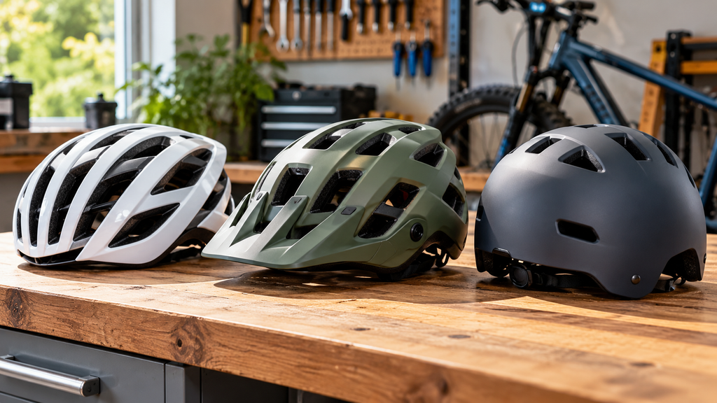 Different types of bicycle helmets for road, mountain, and commuter cycling.
