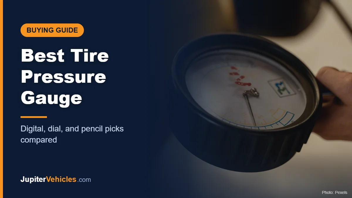 Hand holding a tire pressure gauge, cover for best tire pressure gauge guide