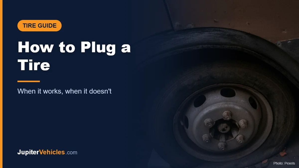 Flat tire on a parked car, cover for a guide on how to plug a tire