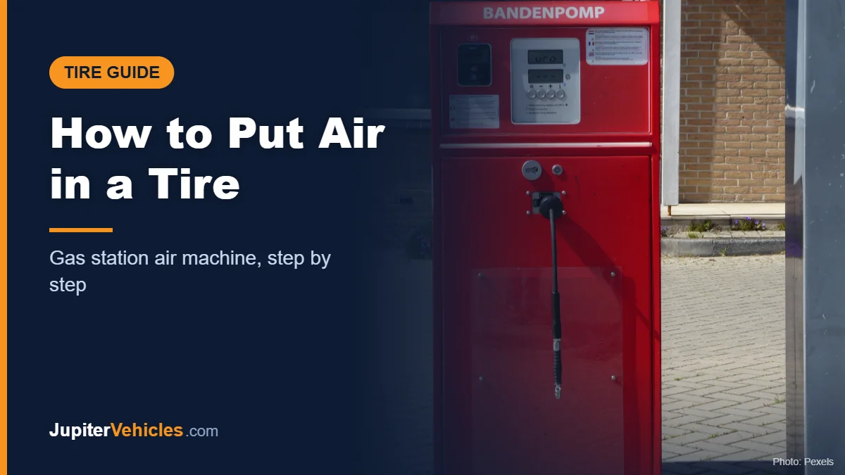 Red tire air pump machine at a gas station