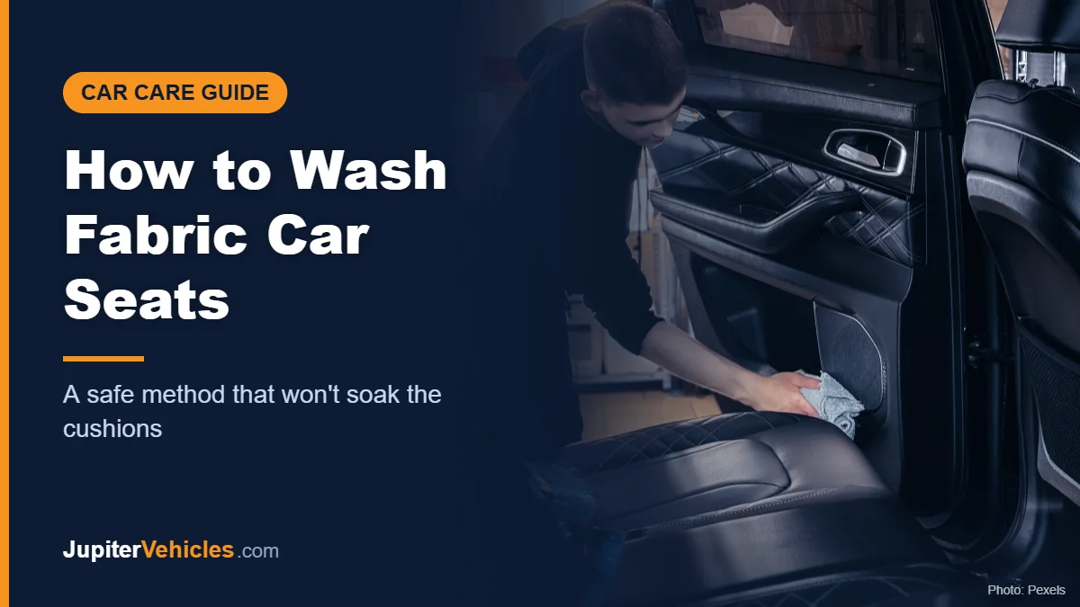 Car interior being cleaned, cover for a guide on washing fabric car seats